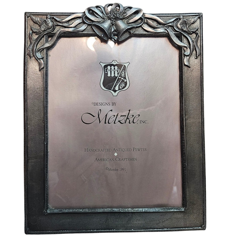 Vintage Metzke 1991 Handcrafted Antiqued Pewter Wedding Bells Birds‎ Photo Frame